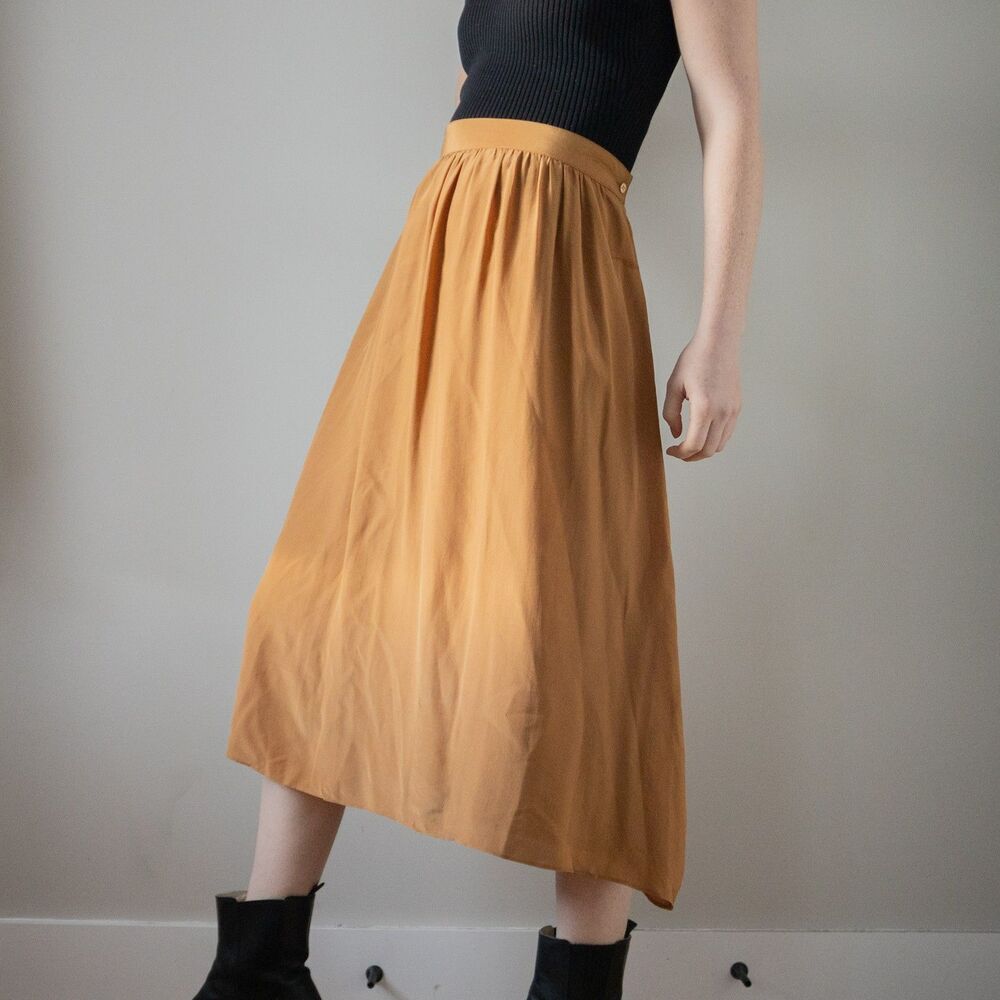 Vintage Yellow Gold Silk Midi Pleated Women's Midi Skirt